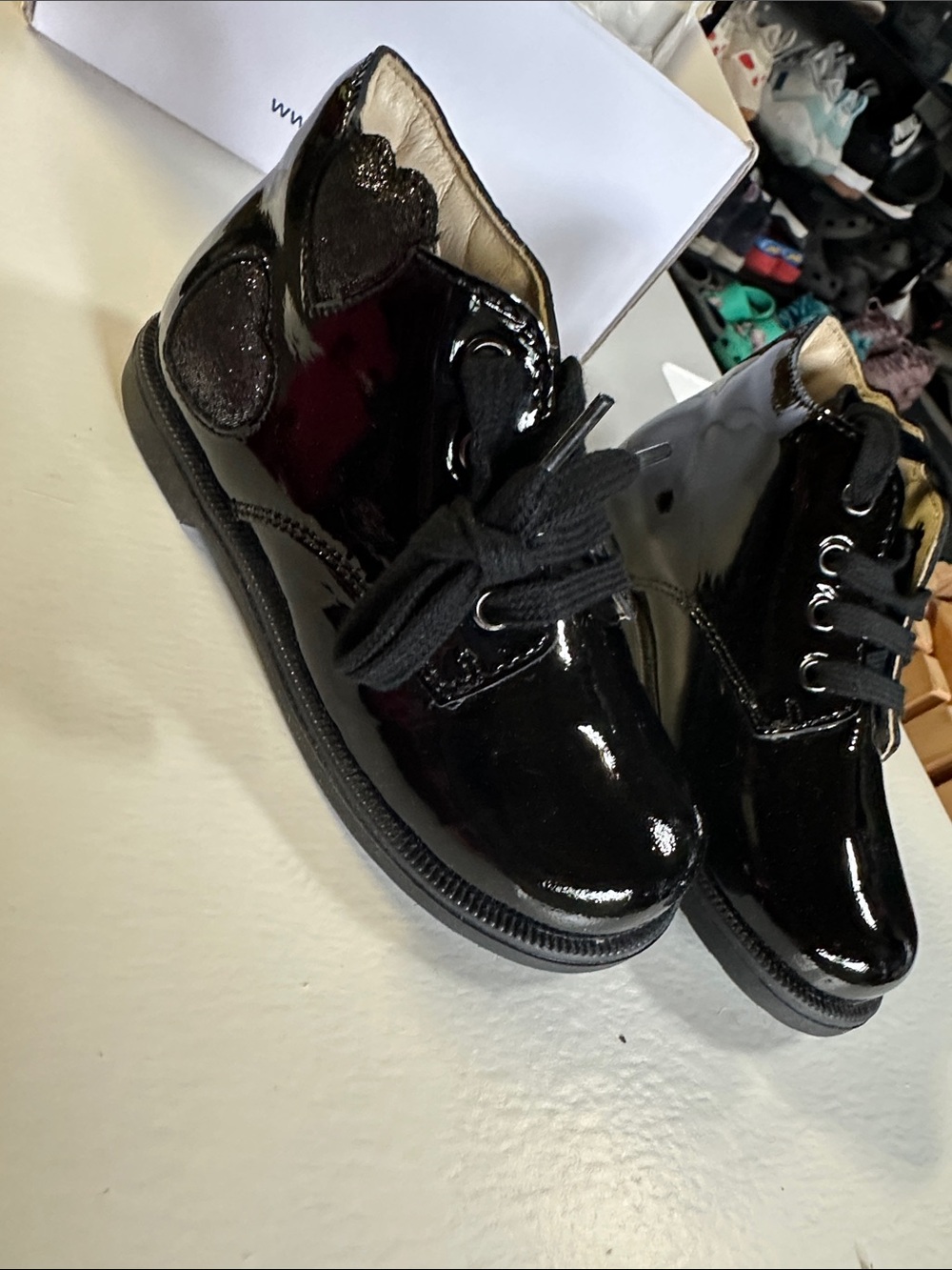 Alcott Black Patent Lace-Up Girls Ankle Boots with Heart Detail